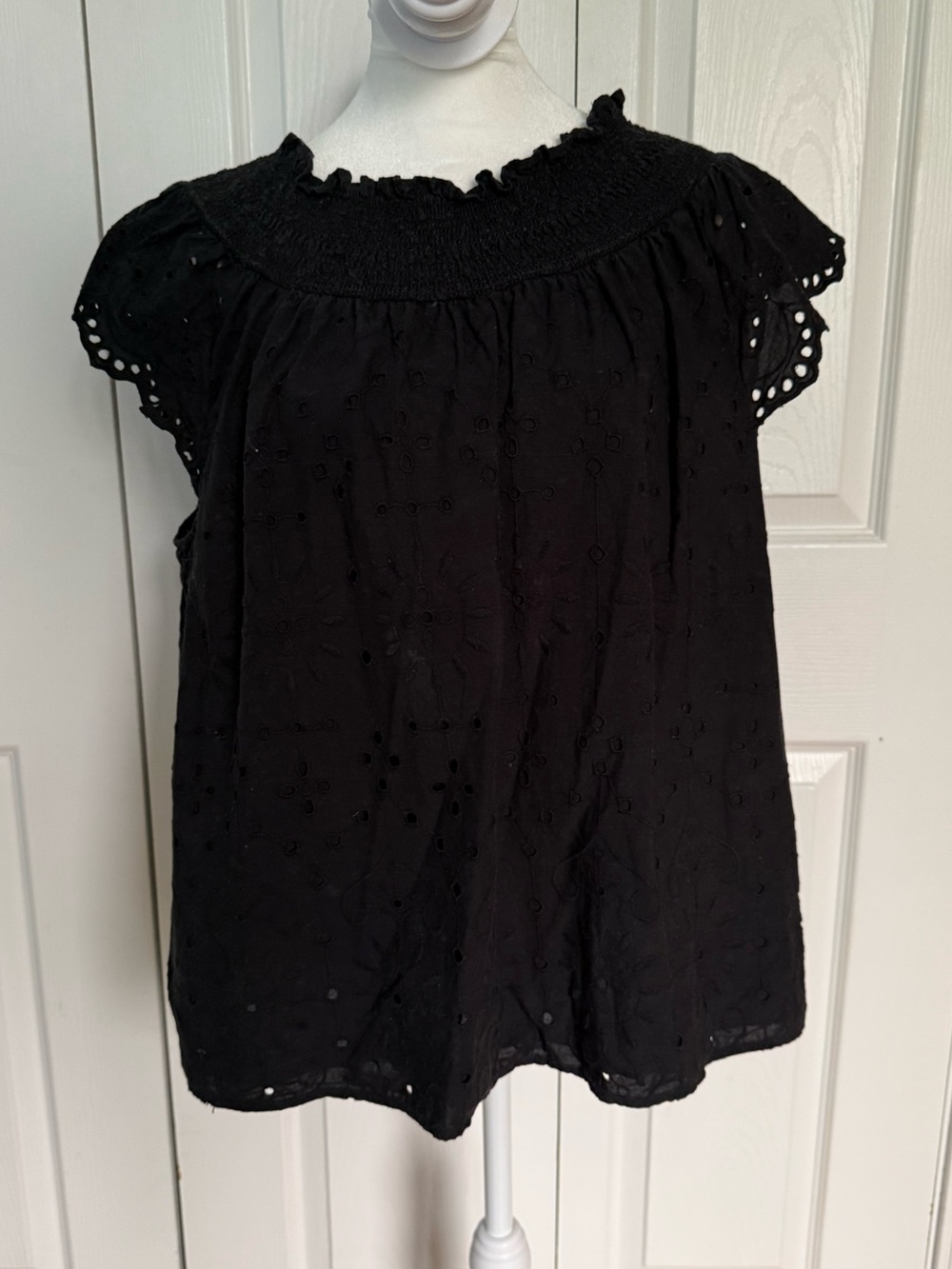 LOFT Black Eyelet Smocked Ruffle Neck Blouse - Picture 2 of 4